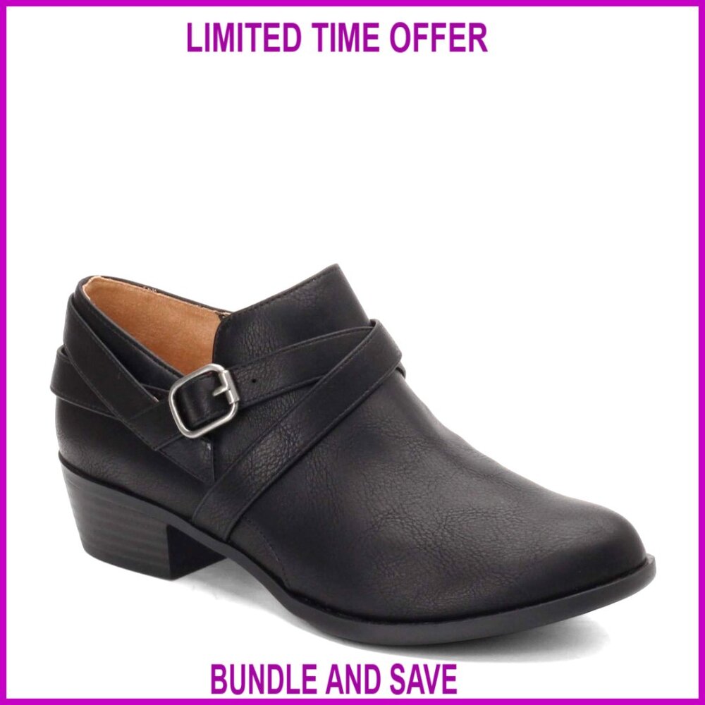 Faux leather ankle boots with decorative strap and metallic buckle